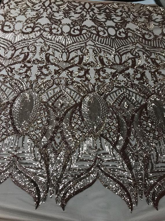 Blush - 4 Way Stretch Embroidered Royalty Sequins Fancy Design Fabric By Yard