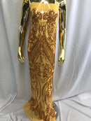 Big Damask Sequins Fabric - Gold - 4 Way Stretch Damask Sequins Design Fabric By Yard