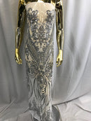 Big Damask Sequins Fabric - Silver - 4 Way Stretch Damask Sequins Design Fabric By Yard