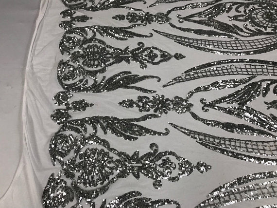 Big Damask Sequins Fabric - Silver - 4 Way Stretch Damask Sequins Design Fabric By Yard