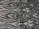 Big Damask Sequins Fabric - Silver - 4 Way Stretch Damask Sequins Design Fabric By Yard