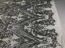 Big Damask Sequins Fabric - Silver - 4 Way Stretch Damask Sequins Design Fabric By Yard