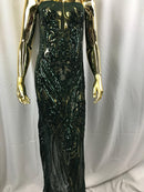 Big Damask Sequins Fabric - Hunter Green - 4 Way Stretch Damask Sequins Design Fabric By Yard