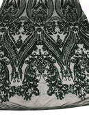 Big Damask Sequins Fabric - Hunter Green - 4 Way Stretch Damask Sequins Design Fabric By Yard