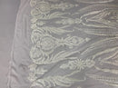 Big Damask Sequins Fabric - White - 4 Way Stretch Damask Sequins Design Fabric By Yard