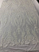 Big Damask Sequins Fabric - White - 4 Way Stretch Damask Sequins Design Fabric By Yard