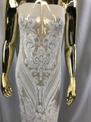 Big Damask Sequins Fabric - White - 4 Way Stretch Damask Sequins Design Fabric By Yard