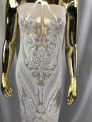 White Sequins Fabric, 4 Way Stretch Embroidery With Sequin On a Mesh By The Yard