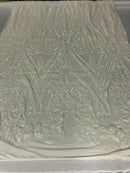 Big Damask Sequins Fabric - Ivory  - 4 Way Stretch Damask Sequins Design Fabric By Yard