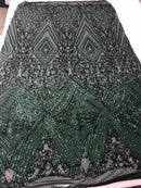 Geometric Sequins Fabric with 4 Way Stretch - Hunter Green-  Elegant Lace  Fabrics Sold By The Yard