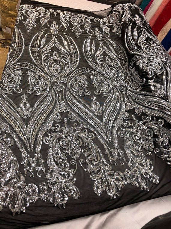 Big Damask Sequins Fabric - Silver on Black - 4 Way Stretch Damask Sequins Design Fabric By Yard