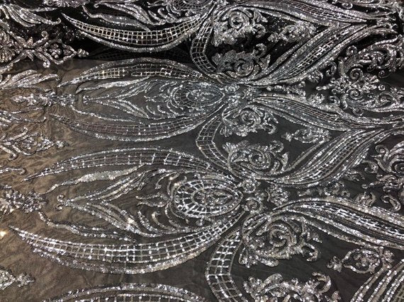 Big Damask Sequins Fabric - Silver on Black - 4 Way Stretch Damask Sequins Design Fabric By Yard