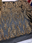 Big Damask Sequins Fabric - Gold - 4 Way Stretch Damask Sequins Design Fabric By Yard