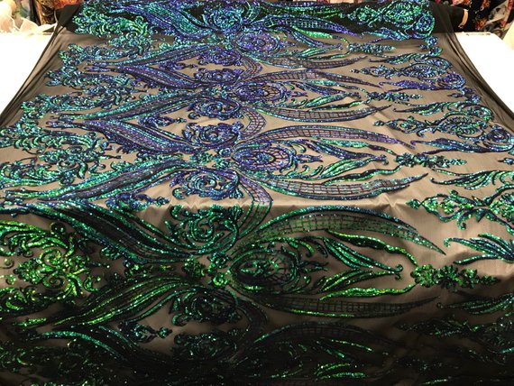 Big Damask Sequins Fabric - Iridescent Jade - 4 Way Stretch Damask Sequins Design Fabric By Yard