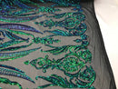 Big Damask Sequins Fabric - Iridescent Jade - 4 Way Stretch Damask Sequins Design Fabric By Yard