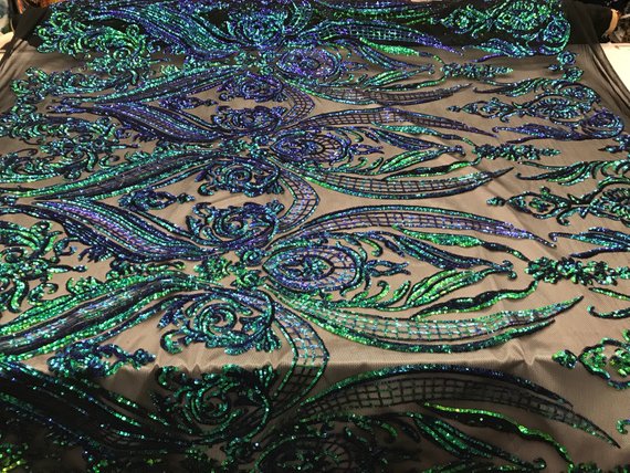 Big Damask Sequins Fabric - Iridescent Jade - 4 Way Stretch Damask Sequins Design Fabric By Yard
