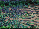 Big Damask Sequins Fabric - Iridescent Jade - 4 Way Stretch Damask Sequins Design Fabric By Yard