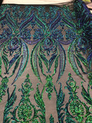 Big Damask Sequins Fabric - Iridescent Jade - 4 Way Stretch Damask Sequins Design Fabric By Yard