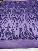 Big Damask Sequins Fabric - Lilac - 4 Way Stretch Damask Sequins Design Fabric By Yard