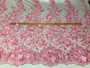 Gum Pink 3D Floral Design Embroider With Pearls On A Mesh Lace Dresses-Prom-Nightgown By Yard