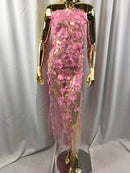 Gum Pink 3D Floral Design Embroider With Pearls On A Mesh Lace Dresses-Prom-Nightgown By Yard