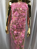 Gum Pink 3D Floral Design Embroider With Pearls On A Mesh Lace Dresses-Prom-Nightgown By Yard
