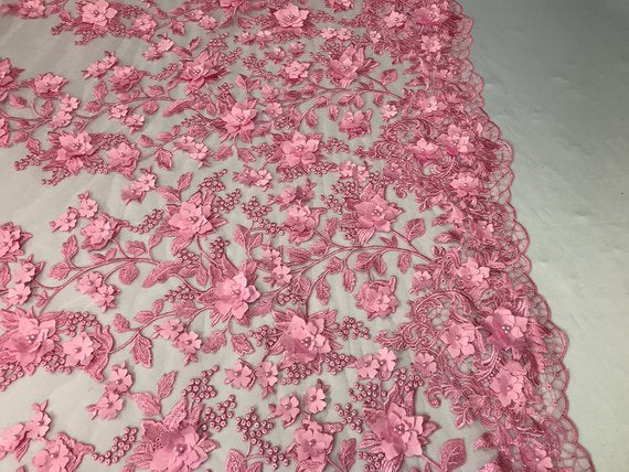 Gum Pink 3D Floral Design Embroider With Pearls On A Mesh Lace Dresses-Prom-Nightgown By Yard