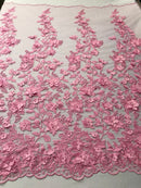 Gum Pink 3D Floral Design Embroider With Pearls On A Mesh Lace Dresses-Prom-Nightgown By Yard