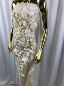 Flower 3D Fabric - Ivory - Embroided Fabric Flower Pearls and Leaf Decor Sold by The Yard