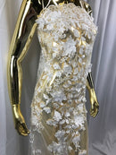 Flower 3D Fabric - Ivory - Embroided Fabric Flower Pearls and Leaf Decor Sold by The Yard