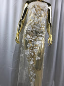 Flower 3D Fabric - Ivory - Embroided Fabric Flower Pearls and Leaf Decor Sold by The Yard