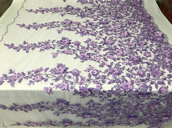 Lilac 3D Floral Design Embroider With Pearls On A Mesh Lace Dresses-Prom-Nightgown By Yard