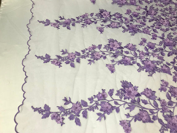 Lilac 3D Floral Design Embroider With Pearls On A Mesh Lace Dresses-Prom-Nightgown By Yard
