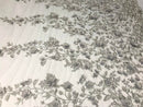 Flower 3D Fabric - Silver - Embroided Fabric Flower Pearls and Leaf Decor Sold by The Yard