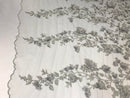 Flower 3D Fabric - Silver - Embroided Fabric Flower Pearls and Leaf Decor Sold by The Yard