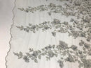 Flower 3D Fabric - Silver - Embroided Fabric Flower Pearls and Leaf Decor Sold by The Yard