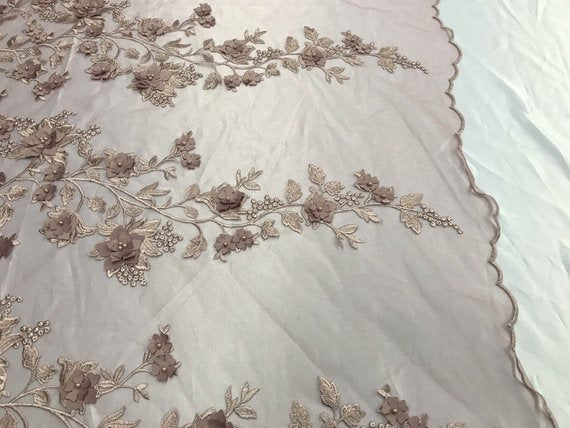 Flower 3D Fabric - Dusty Rose - Embroided Fabric Flower Pearls and Leaf Decor Sold by The Yard