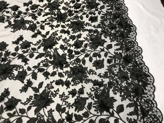 Black 3D Floral Design Embroider With Pearls On A Mesh Lace Dresses-Prom-Nightgown By Yard