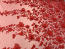 Red 3D Floral Design Embroider With Pearls On A Mesh Lace Dresses-Prom-Nightgown By Yard