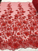 Red 3D Floral Design Embroider With Pearls On A Mesh Lace Dresses-Prom-Nightgown By Yard