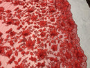 Red 3D Floral Design Embroider With Pearls On A Mesh Lace Dresses-Prom-Nightgown By Yard