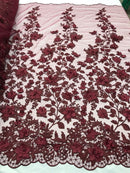Flower 3D Fabric - Burgundy - Embroided Fabric Flower Pearls and Leaf Decor Sold by The Yard