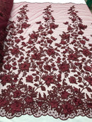 Flower 3D Fabric - Burgundy - Embroided Fabric Flower Pearls and Leaf Decor Sold by The Yard