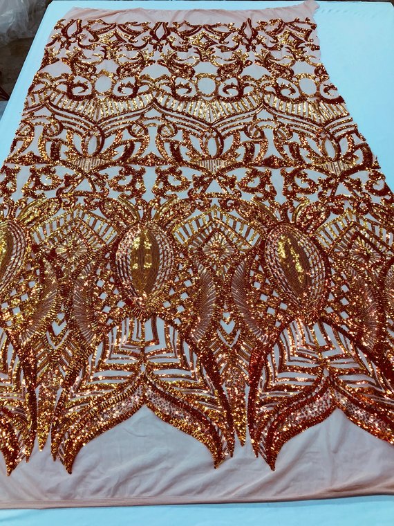 Iridescent Orange Sequins  - 4 Way Stretch Embroidered Royalty Sequins Design Fabric By Yard