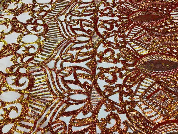 Iridescent Orange Sequins  - 4 Way Stretch Embroidered Royalty Sequins Design Fabric By Yard