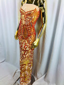 Iridescent Orange Sequins  - 4 Way Stretch Embroidered Royalty Sequins Design Fabric By Yard