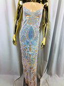 Iridescent Aqua  Sequin - 4 Way Stretch Embroidered Royalty Sequins Fancy Design Fabric By Yard