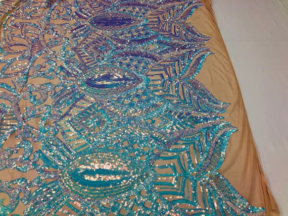Fabric 4 Way Stretch - Iridescent Aqua Sequins - Embroidered Blush Mesh LaceFabric By The Yard