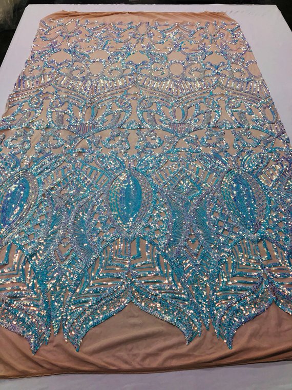 Fabric 4 Way Stretch - Iridescent Aqua Sequins - Embroidered Blush Mesh LaceFabric By The Yard