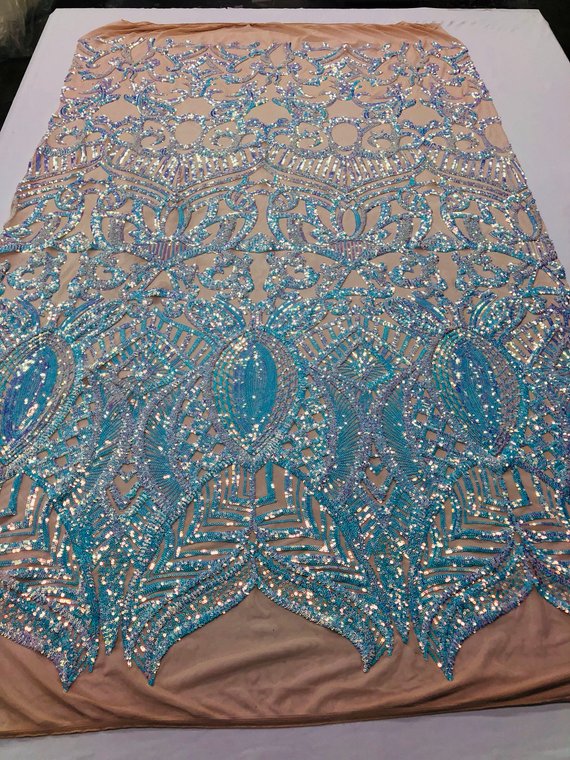 Iridescent Aqua  Sequin - 4 Way Stretch Embroidered Royalty Sequins Fancy Design Fabric By Yard